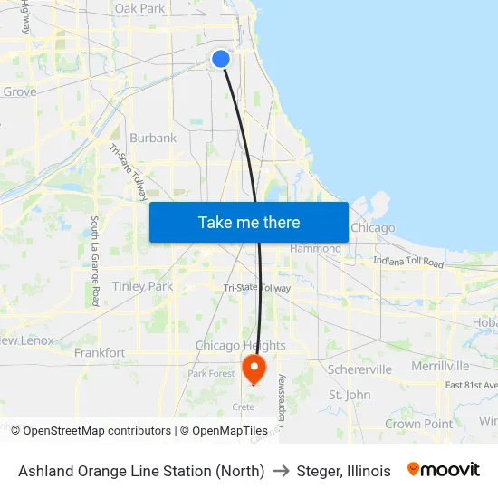 Ashland Orange Line Station (North) to Steger, Illinois map