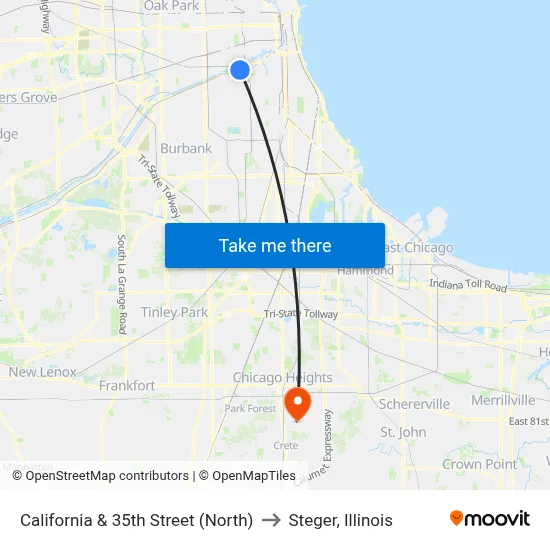 California & 35th Street (North) to Steger, Illinois map