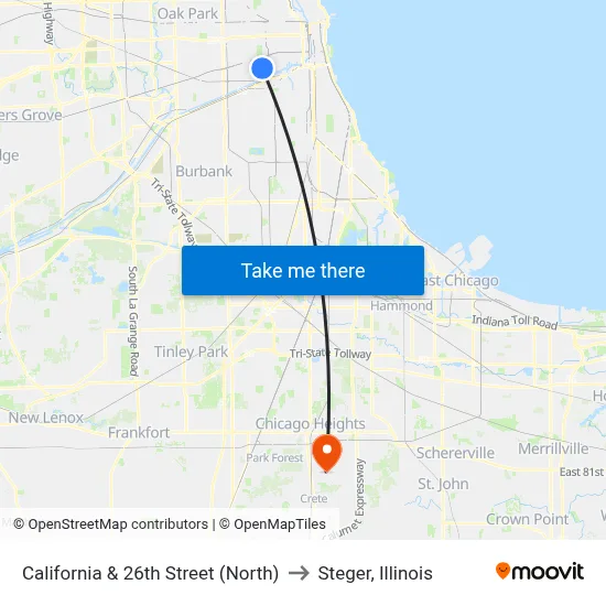 California & 26th Street (North) to Steger, Illinois map