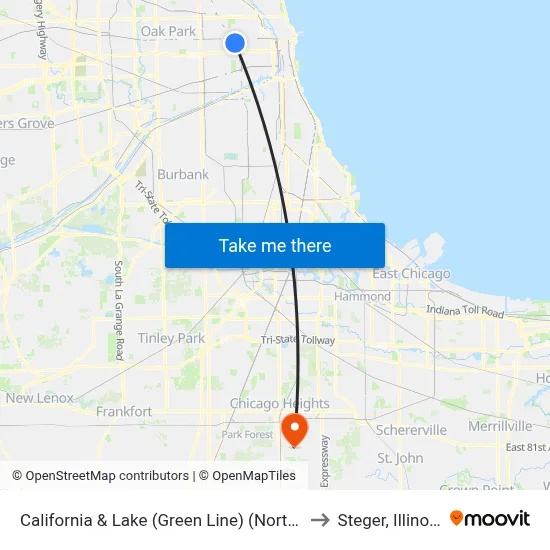 California & Lake (Green Line) (North) to Steger, Illinois map
