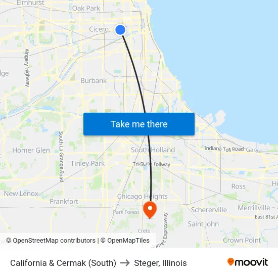California & Cermak (South) to Steger, Illinois map