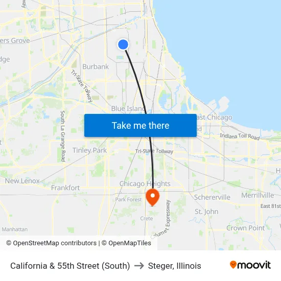 California & 55th Street (South) to Steger, Illinois map