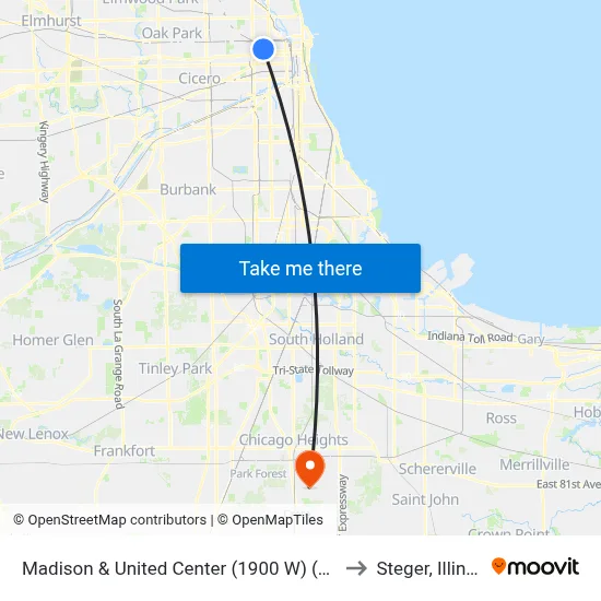 Madison & United Center (1900 W) (East) to Steger, Illinois map