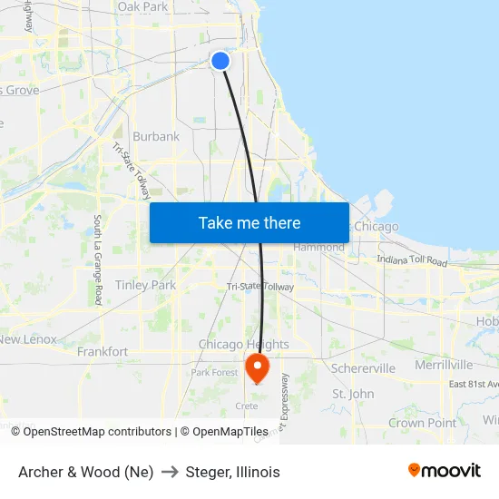Archer & Wood (Ne) to Steger, Illinois map