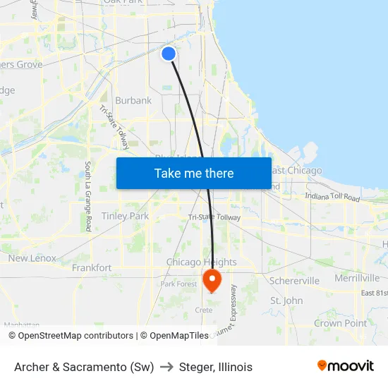 Archer & Sacramento (Sw) to Steger, Illinois map