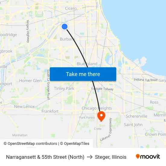 Narragansett & 55th Street (North) to Steger, Illinois map