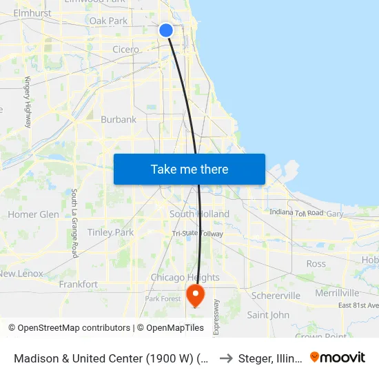 Madison & United Center (1900 W) (West) to Steger, Illinois map