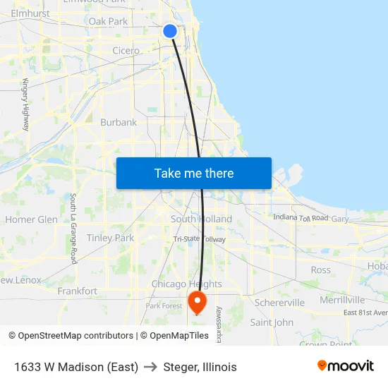 1633 W Madison (East) to Steger, Illinois map