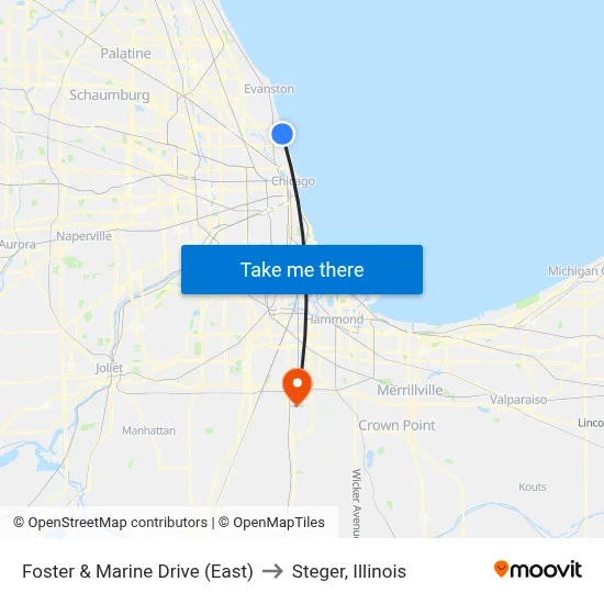 Foster & Marine Drive (East) to Steger, Illinois map