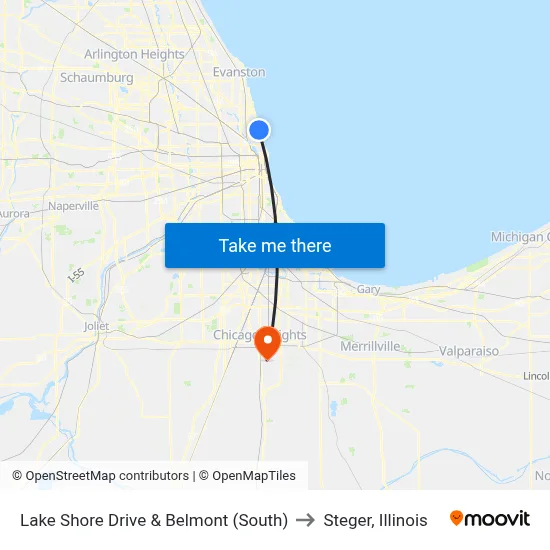 Lake Shore Drive & Belmont (South) to Steger, Illinois map