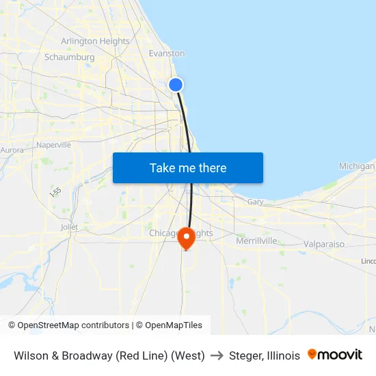 Wilson & Broadway (Red Line) (West) to Steger, Illinois map
