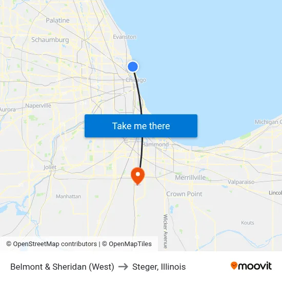 Belmont & Sheridan (West) to Steger, Illinois map