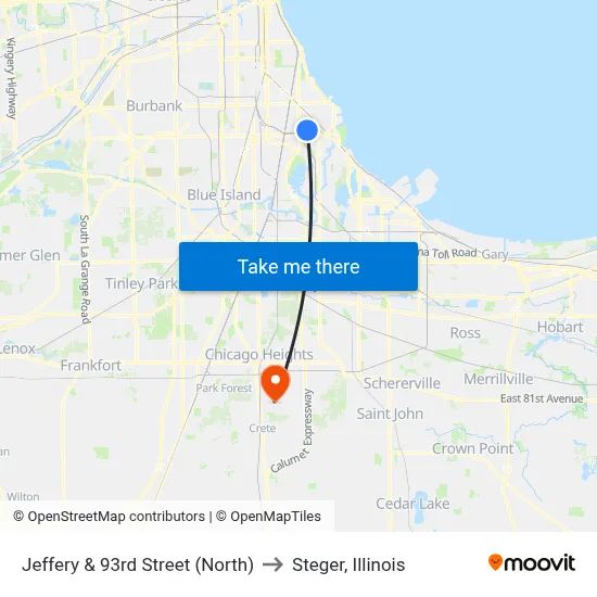Jeffery & 93rd Street (North) to Steger, Illinois map