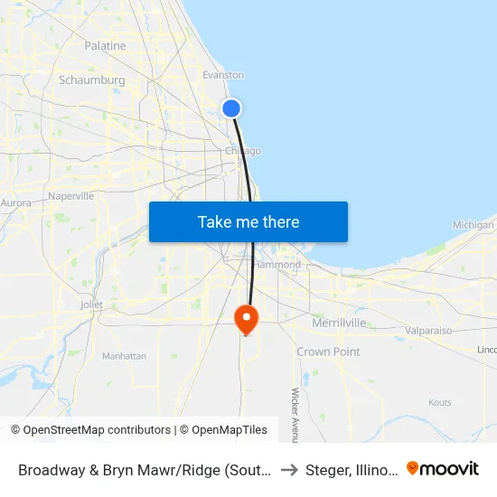 Broadway & Bryn Mawr/Ridge (South) to Steger, Illinois map