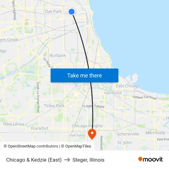 Chicago & Kedzie (East) to Steger, Illinois map