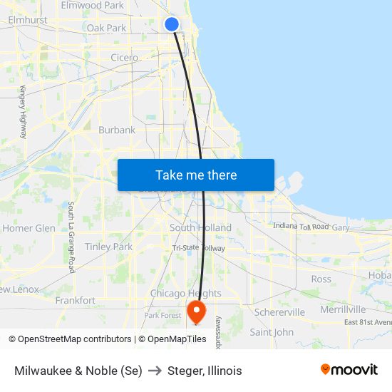 Milwaukee & Noble (Se) to Steger, Illinois map