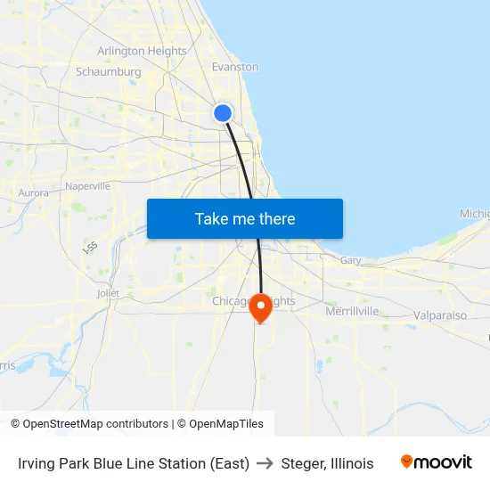 Irving Park Blue Line Station (East) to Steger, Illinois map