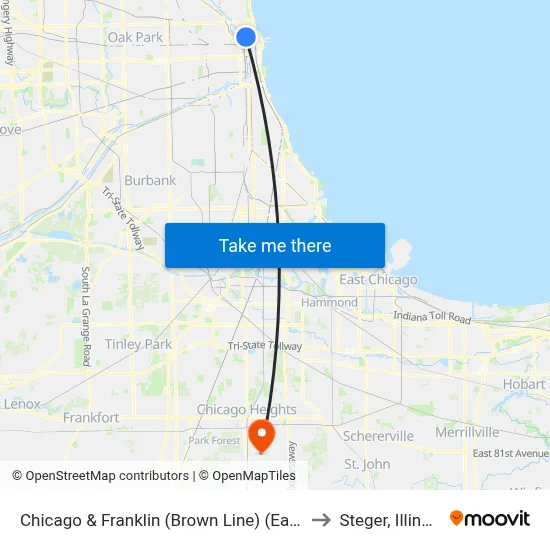Chicago & Franklin (Brown Line) (East) to Steger, Illinois map