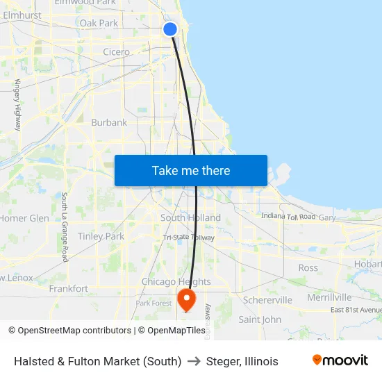 Halsted & Fulton Market (South) to Steger, Illinois map