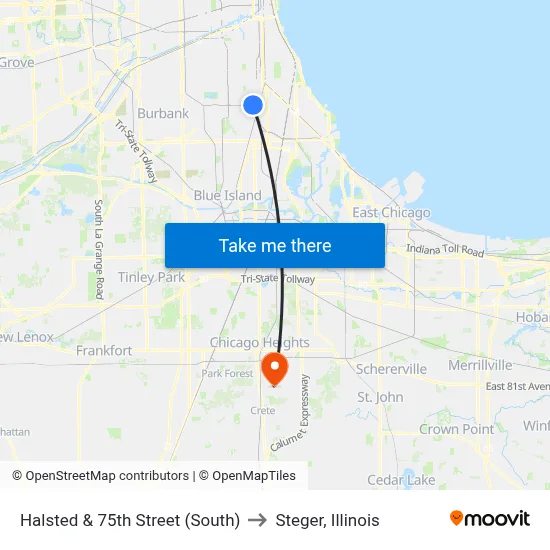 Halsted & 75th Street (South) to Steger, Illinois map