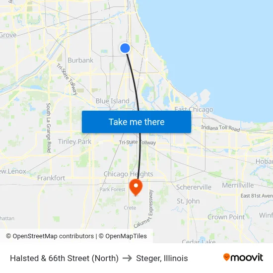 Halsted & 66th Street (North) to Steger, Illinois map