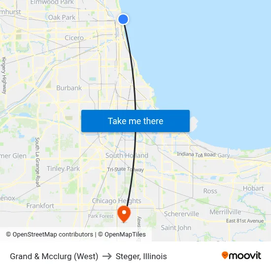 Grand & Mcclurg (West) to Steger, Illinois map