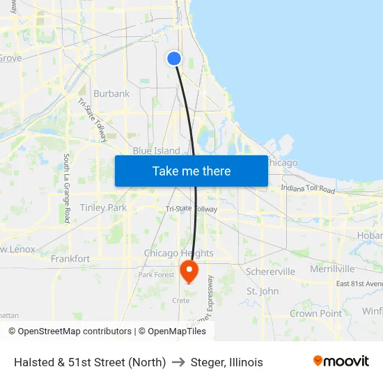 Halsted & 51st Street (North) to Steger, Illinois map