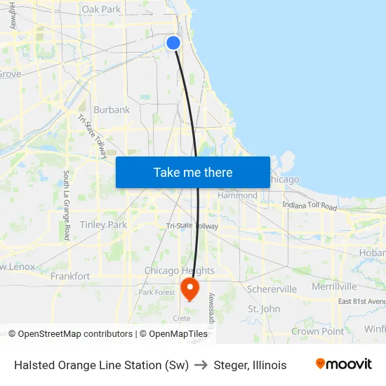 Halsted Orange Line Station (Sw) to Steger, Illinois map