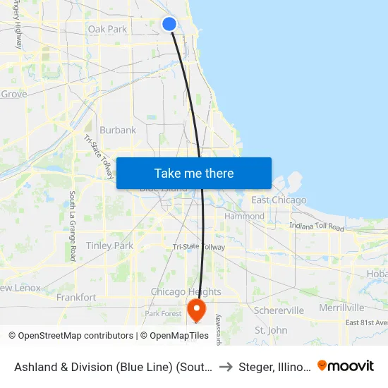Ashland & Division (Blue Line) (South) to Steger, Illinois map