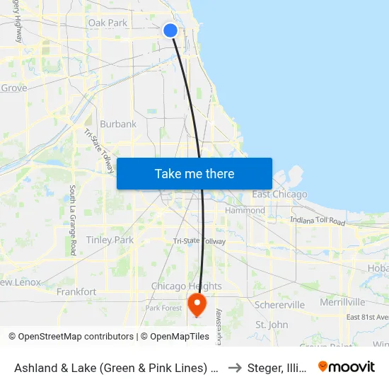 Ashland & Lake (Green & Pink Lines) (South) to Steger, Illinois map