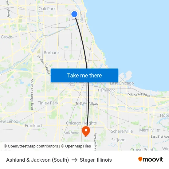 Ashland & Jackson (South) to Steger, Illinois map