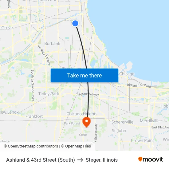 Ashland & 43rd Street (South) to Steger, Illinois map