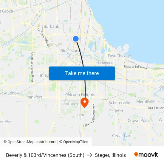 Beverly & 103rd/Vincennes (South) to Steger, Illinois map