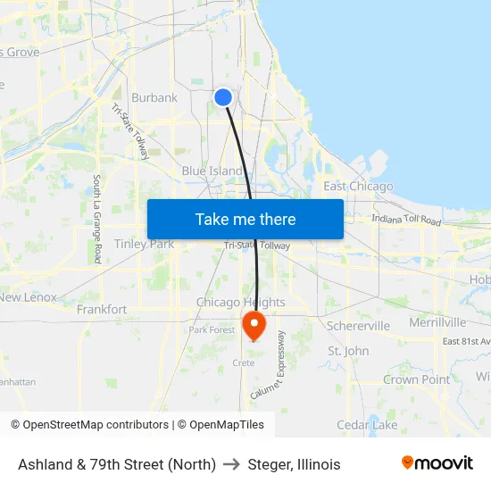 Ashland & 79th Street (North) to Steger, Illinois map