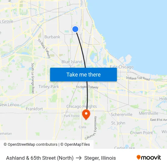 Ashland & 65th Street (North) to Steger, Illinois map