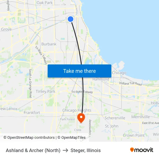 Ashland & Archer (North) to Steger, Illinois map