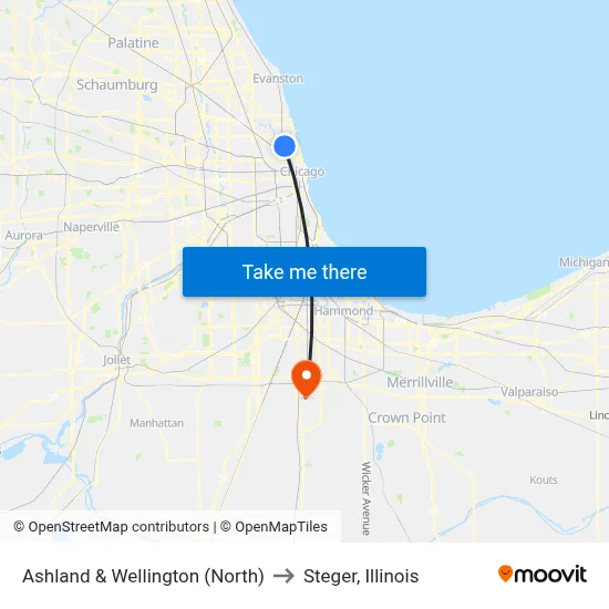 Ashland & Wellington (North) to Steger, Illinois map