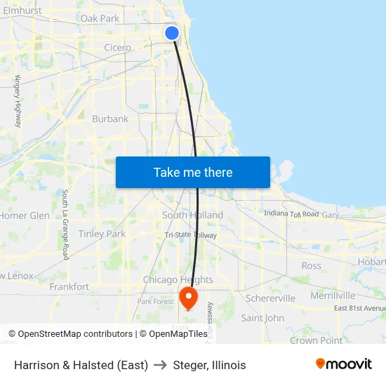 Harrison & Halsted (East) to Steger, Illinois map