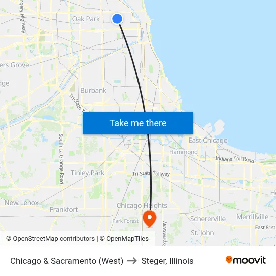 Chicago & Sacramento (West) to Steger, Illinois map