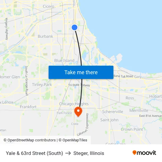 Yale & 63rd Street (South) to Steger, Illinois map