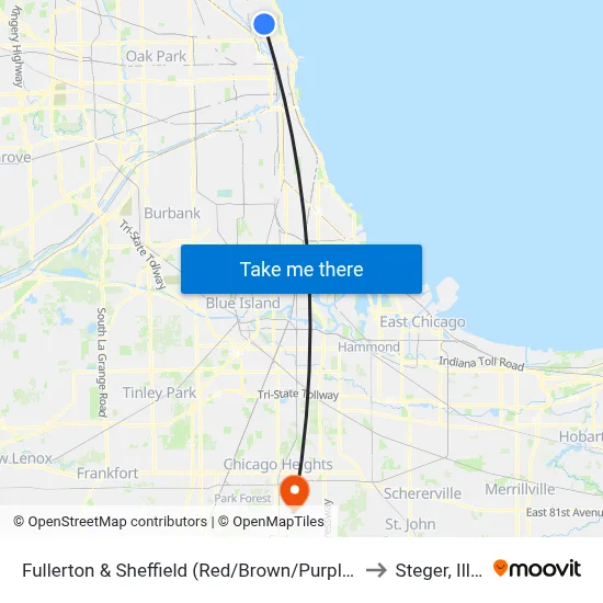 Fullerton & Sheffield (Red/Brown/Purple Line) (East) to Steger, Illinois map