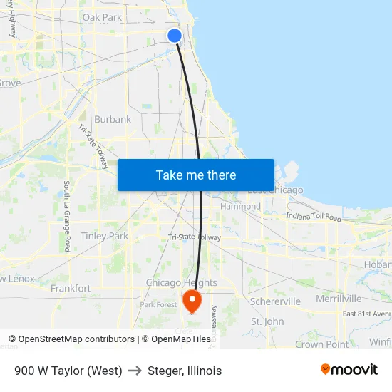 900 W Taylor (West) to Steger, Illinois map