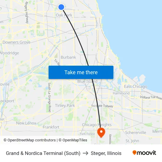 Grand & Nordica Terminal (South) to Steger, Illinois map