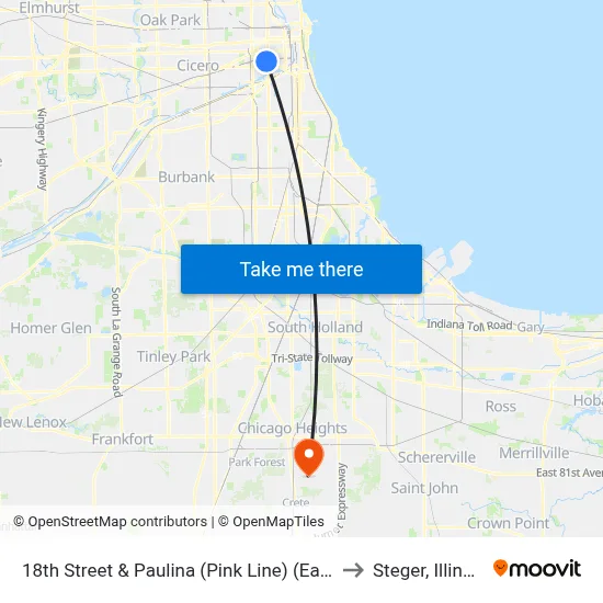 18th Street & Paulina (Pink Line) (East) to Steger, Illinois map