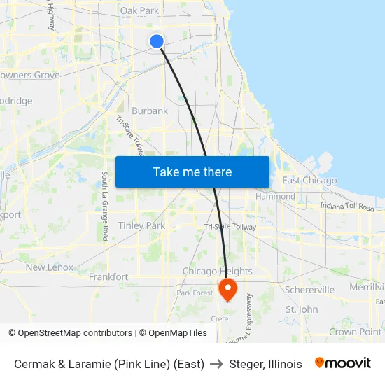Cermak & Laramie (Pink Line) (East) to Steger, Illinois map