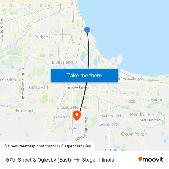 67th Street & Oglesby (East) to Steger, Illinois map