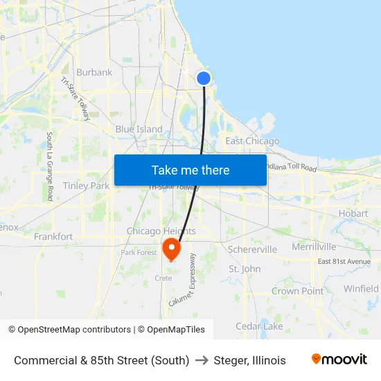 Commercial & 85th Street (South) to Steger, Illinois map