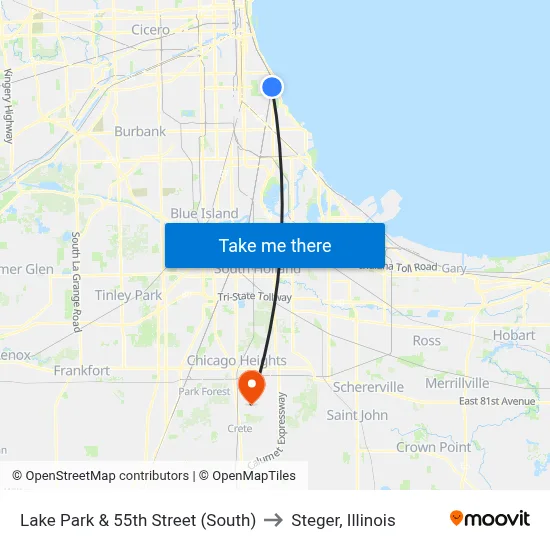 Lake Park & 55th Street (South) to Steger, Illinois map