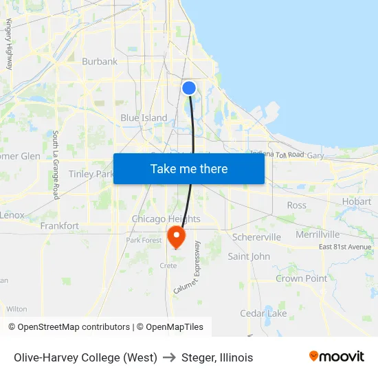 Olive-Harvey College (West) to Steger, Illinois map