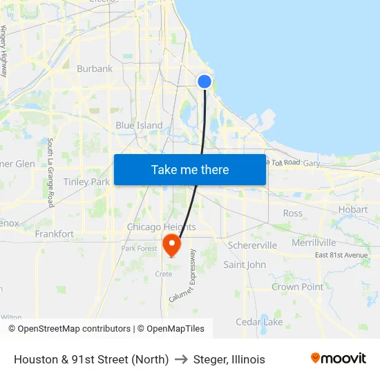 Houston & 91st Street (North) to Steger, Illinois map